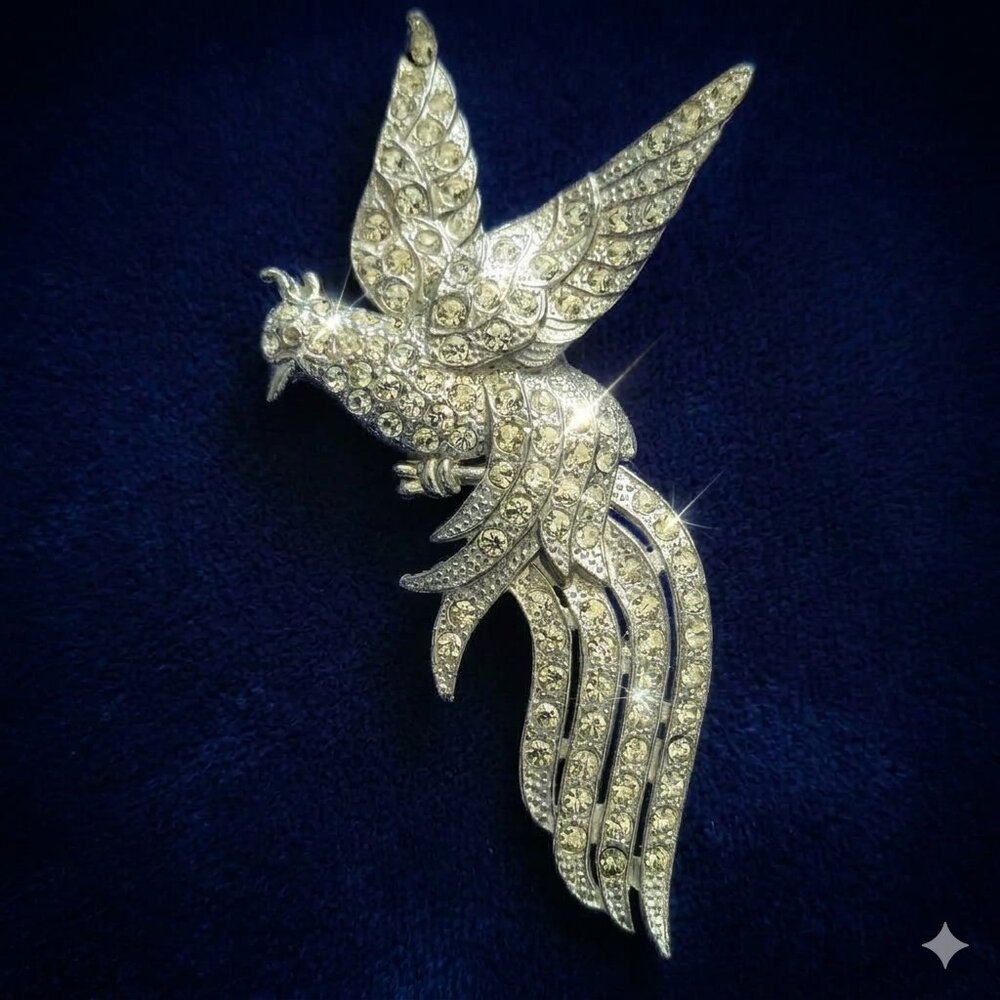 Vintage Bird of Paradise Brooch Rhinestone 1950s Silver Tone Pave Statement Pin